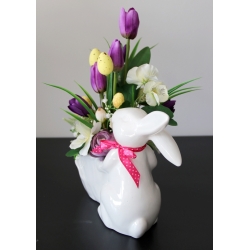 STROIK WIOSNA Ceramiczny BIAŁY ZAJĄC z kwiatami odc. FIOLET BIEL